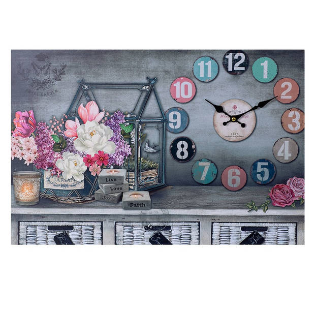 XL Canvas Schilderij Wandklok CLOCK GARDENHOUSE CANDLES en FLOWERS met