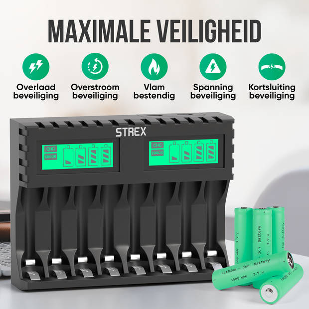 Strex Batterij Oplader - 8x AA/AAA Batterijen - USB Oplaadbaar - LCD Display - Universele Batterijlader Voor Oplaadbare
