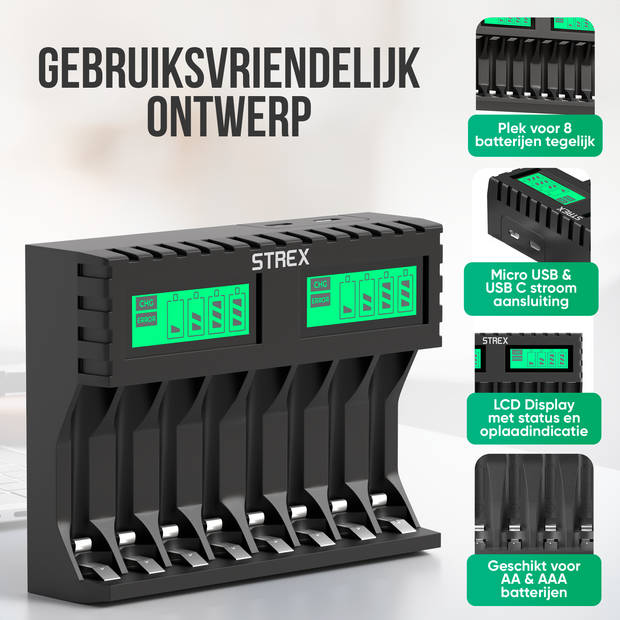 Strex Batterij Oplader - 8x AA/AAA Batterijen - USB Oplaadbaar - LCD Display - Universele Batterijlader Voor Oplaadbare