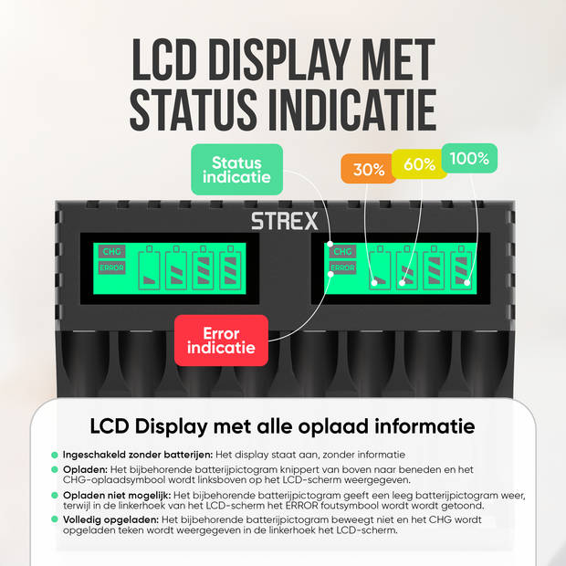 Strex Batterij Oplader - 8x AA/AAA Batterijen - USB Oplaadbaar - LCD Display - Universele Batterijlader Voor Oplaadbare