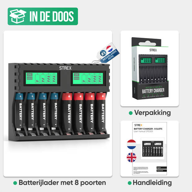 Strex Batterij Oplader - 8x AA/AAA Batterijen - USB Oplaadbaar - LCD Display - Universele Batterijlader Voor Oplaadbare