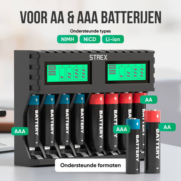 Strex Batterij Oplader - 8x AA/AAA Batterijen - USB Oplaadbaar - LCD Display - Universele Batterijlader Voor Oplaadbare