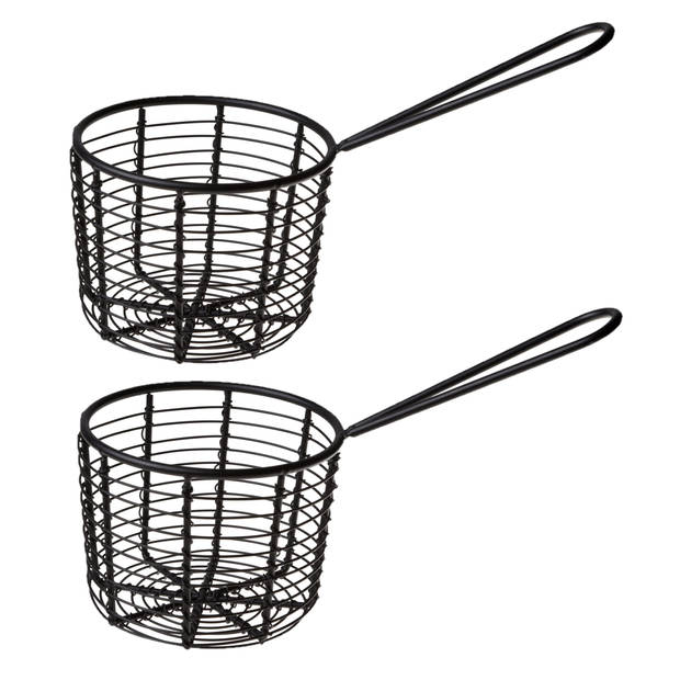 2x stuks ronde patat/snack serveermandjes/frietmandjes zwart metaal D8 x H8 cm - Serveerschalen