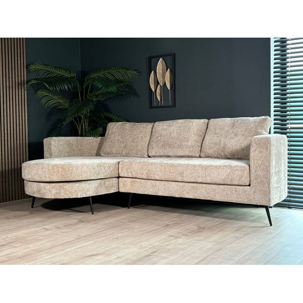 Hoekbank rond design Nox 250cm bank met ronding taupe chenille bankstel links loungebank