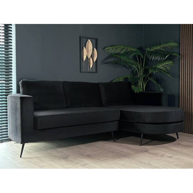 Hoekbank rond design Nox 250cm bank met ronding zwart velvet bankstel rechts loungebank