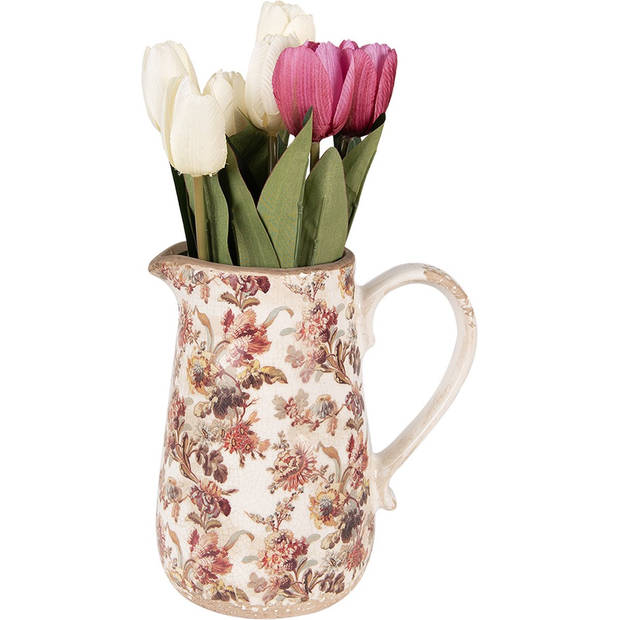 HAES DECO - Decoratie Kan 16x12x18 cm Beige Roze Keramiek Bloemen Schenkkan