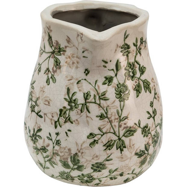 HAES DECO - Decoratie Kan 16*13*15 cm Groen Beige Keramiek Bladeren Sierkan Bloemenvaas