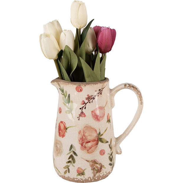 HAES DECO - Decoratie Kan 17x12x18 cm Beige Roze Keramiek Bloemen Schenkkan