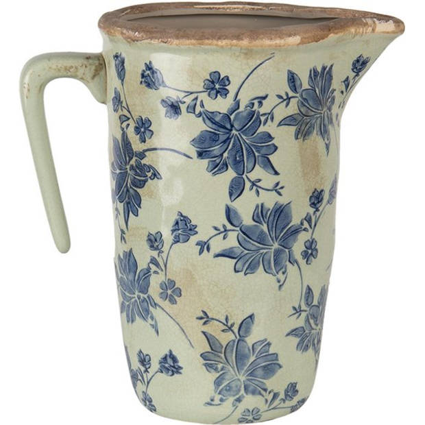 HAES DECO - Decoratieve Schenkkan 22x14x22 cm Blauw Keramiek Rond Bloemen Waterkan Kan