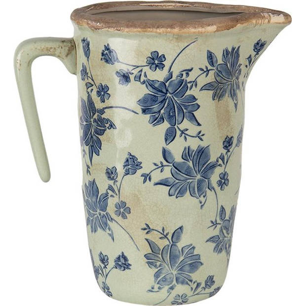 HAES DECO - Decoratieve Schenkkan 22x14x22 cm Blauw Keramiek Rond Bloemen Waterkan Kan