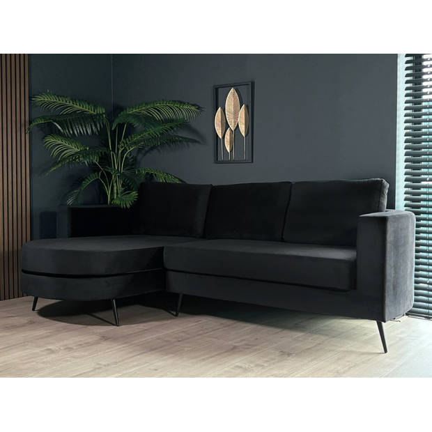 Hoekbank rond design Nox 250cm bank met ronding zwart velvet bankstel links loungebank