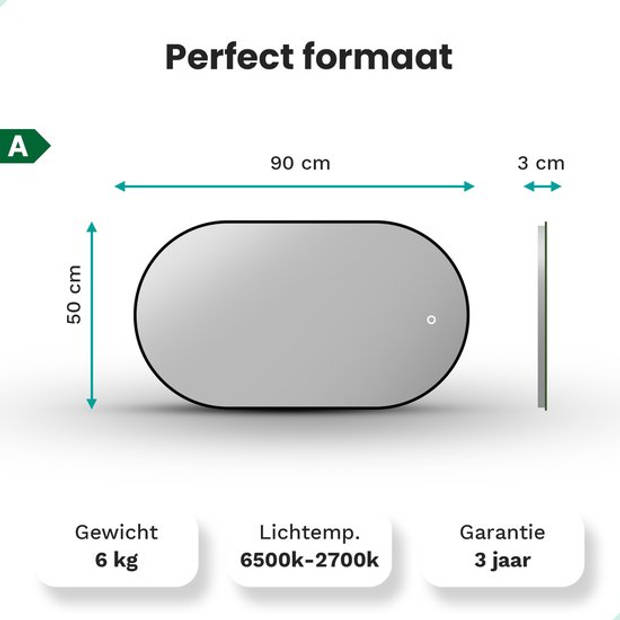 Mirlux Badkamerspiegel - LED Verlichting & Verwarming – Wandspiegel Ovaal – Anti Condens Douchespiegel - Zwart - 90x50CM