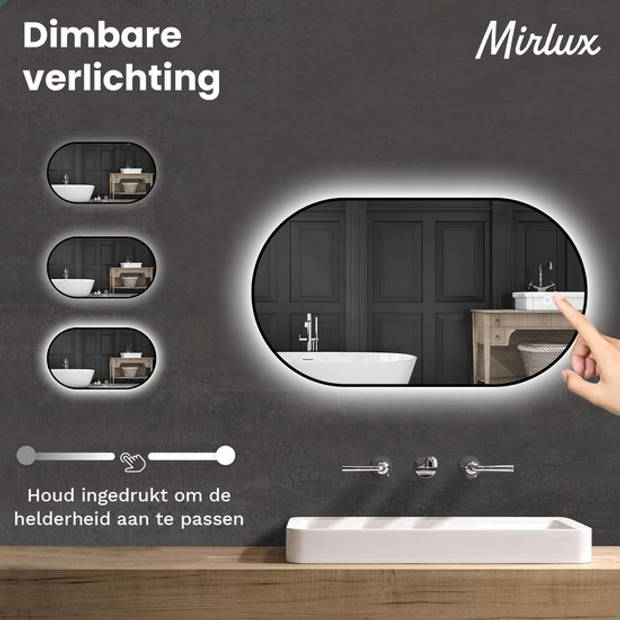 Mirlux Badkamerspiegel - LED Verlichting & Verwarming – Wandspiegel Ovaal – Anti Condens Douchespiegel - Zwart - 90x50CM