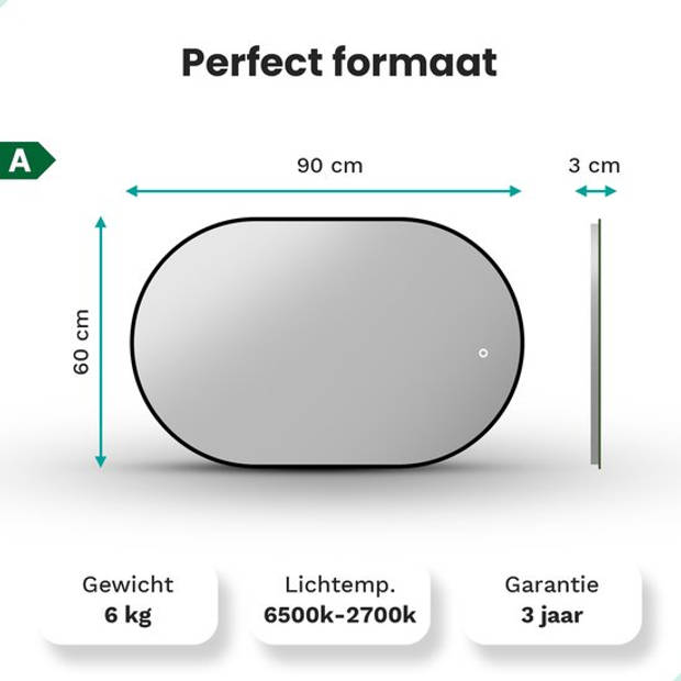 Mirlux Badkamerspiegel - LED Verlichting & Verwarming – Wandspiegel Ovaal – Anti Condens Douchespiegel - Zwart - 90x60CM