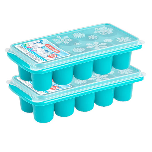 2x stuks Trays met dikke ronde blokken ijsblokjes/ijsklontjes vormpjes 10 vakjes kunststof blauw - IJsblokjesvormen