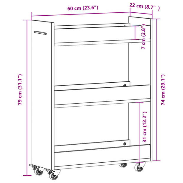 vidaXL Kast met wieltjes 60x22x79 bewerkt hout zwart