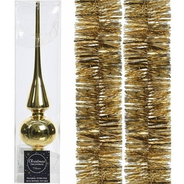 Gouden kerstversiering/kerstdecoratie set piek en 2 folie slingers 270 cm - Kerstslingers