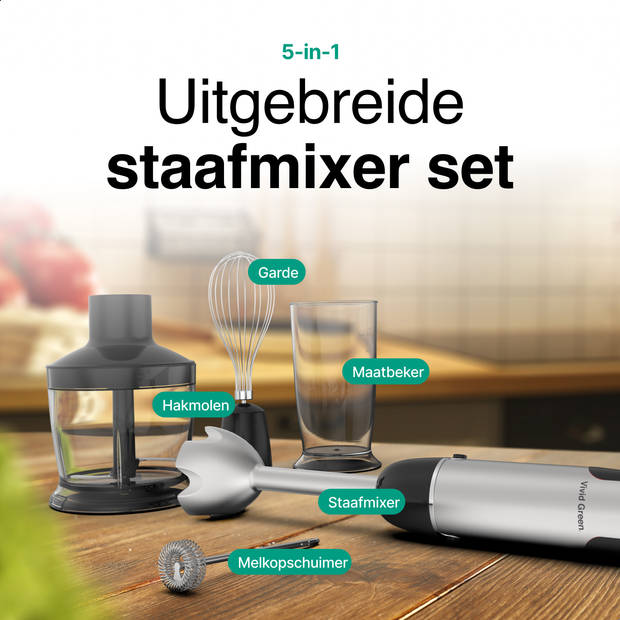 Complete krachtige Staafmixer Set 5-delig - Hakmolen - 12 Snelheden - Incl. Melkopschuimer & Maatbeker - RVS - 1000 Watt