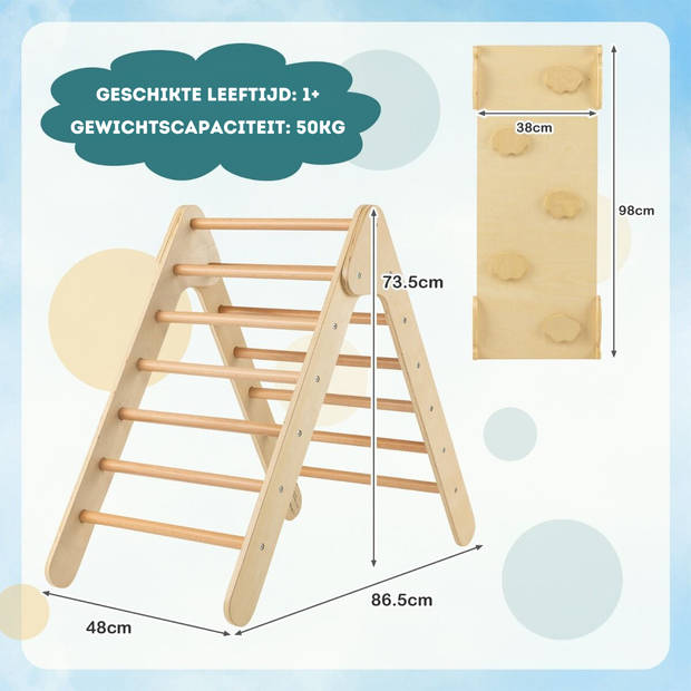 Costway 3 in 1 Houten Driehoek Klimrek Met Glijbaan - Montessori Klimdriehoek Met Klimplank