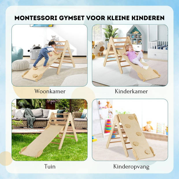 Costway 3 in 1 Houten Driehoek Klimrek Met Glijbaan - Montessori Klimdriehoek Met Klimplank