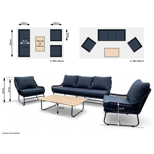 Tuinset / Loungeset Rio Zwart gevlochten Touw - Kussens Antraciet