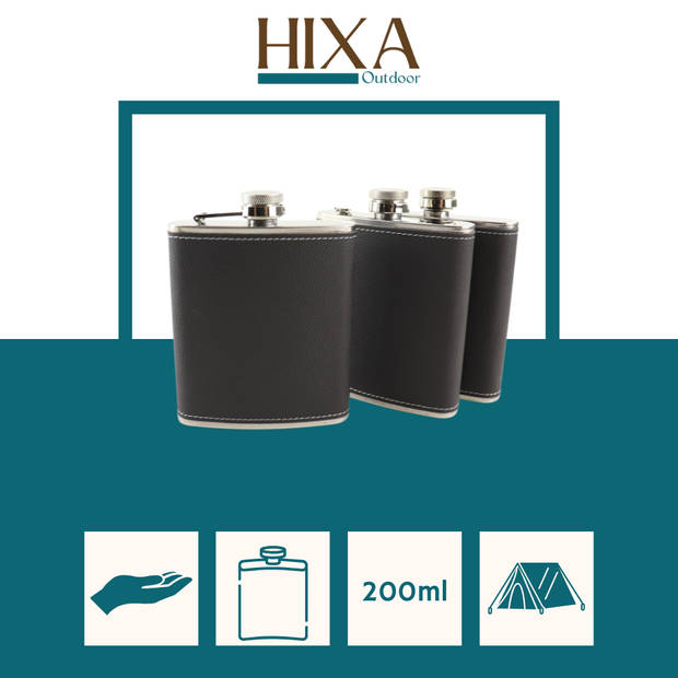 HIXA Heupfles - 3 Stuks - Flacon - Veldfles - RVS - Drinkfles - Platvink - 200ml - Leder - Zwart