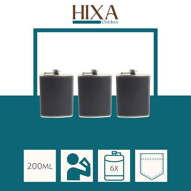 HIXA Heupfles - 3 Stuks - Flacon - Veldfles - Platvink - 200 ml - PU Leder - Zwart