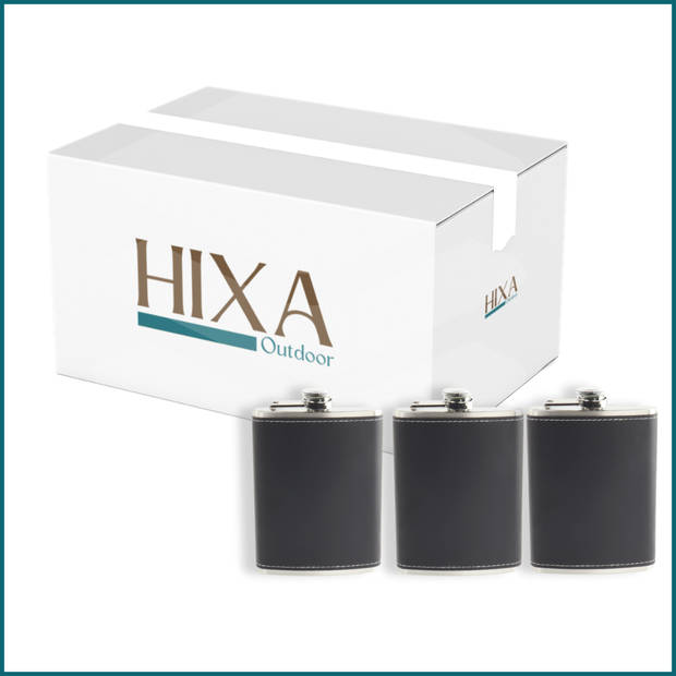 HIXA Heupfles - 3 Stuks - Flacon - Veldfles - Platvink - 200 ml - PU Leder - Zwart