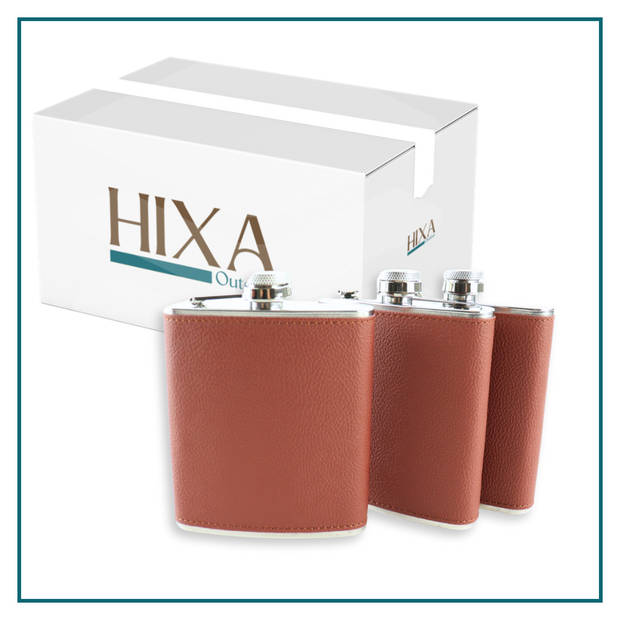 HIXA Heupfles - 3 Stuks - Flacon - Veldfles - RVS - Drinkfles - Platvink - 200ml - Leder - Bruin