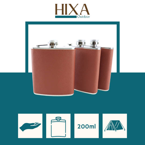 HIXA Heupfles - 3 Stuks - Flacon - Veldfles - RVS - Drinkfles - Platvink - 200ml - Leder - Bruin