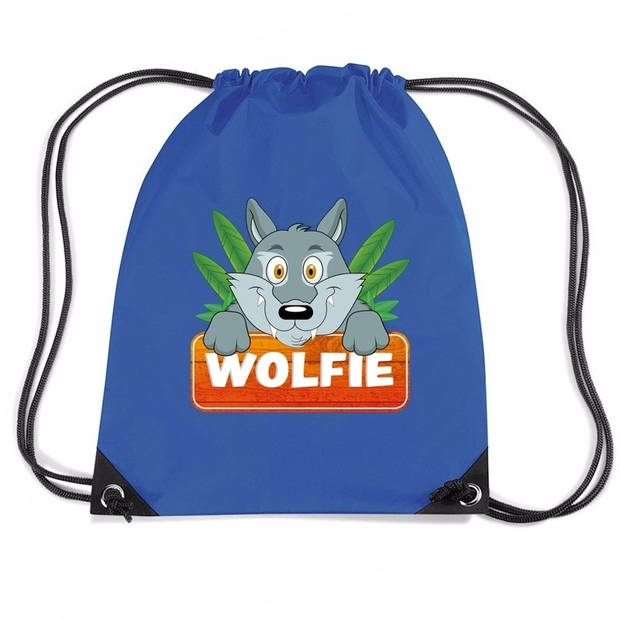 Wolfie de Wolf trekkoord rugzak / gymtas blauw voor kinderen - Gymtasje - zwemtasje