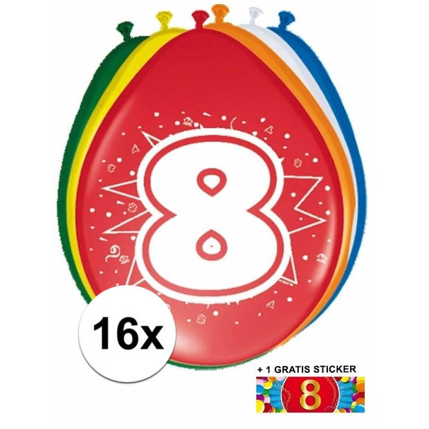 Feest ballonnen met 8 jaar print 16x + sticker - Ballonnen