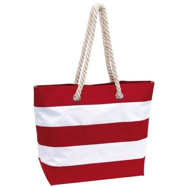 Rood/witte polyester strandtas gestreept met klittenband 47 cm - Strandtassen