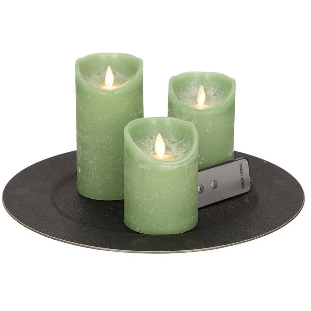 Ronde kaarsenplateau zwart van kunststof D33 cm met 3 jade groene LED-kaarsen 10/12,5/15 cm - Kaarsenplateaus