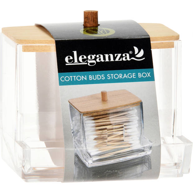 Eleganza Wattenstaafjeshouder - kunststof - bamboe - 7 x 8,5 x 7 cm - watten dispenser - Opbergbox