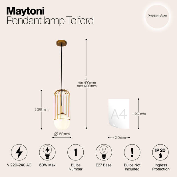 Maytoni - Hanglamp Telford - Goud - Ø15