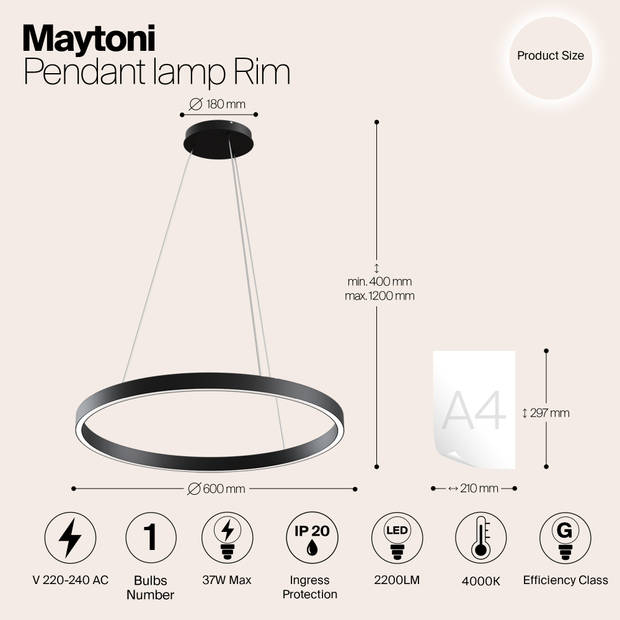 Maytoni - Hanglamp Rim - Zwart - Ø60