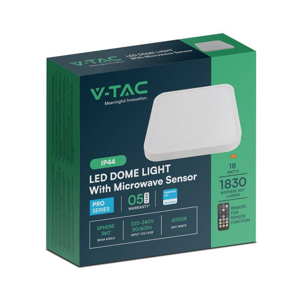 V-TAC VT-8618SSQ-S-W LED vierkante lichtkoepels - Sensor - Samsung - IP44 - 295x295mm - Wit - 18 Watt - 1830 Lumen -