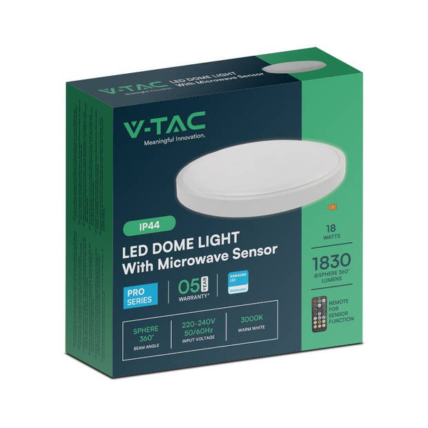 V-TAC VT-8618SRD-S-W LED Ronde plafonniere - Sensor - Samsung - IP44 - 295mm - Wit - 18 Watt - 1830 Lumen - 4000K - 5