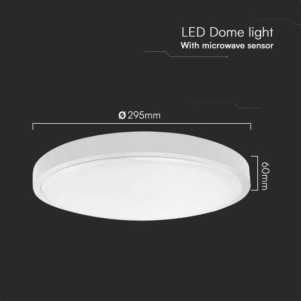 V-TAC VT-8618SRD-S-W LED Ronde plafonniere - Sensor - Samsung - IP44 - 295mm - Wit - 18 Watt - 1830 Lumen - 3000K - 5