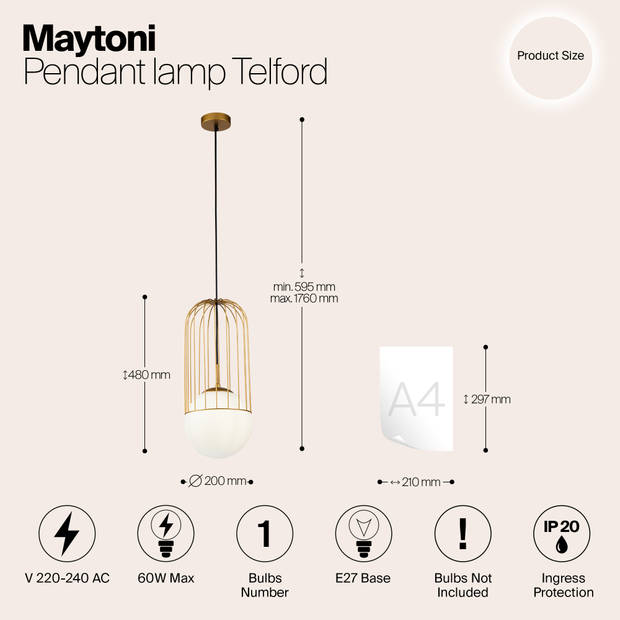 Maytoni - Hanglamp Telford - Goud - Ø20