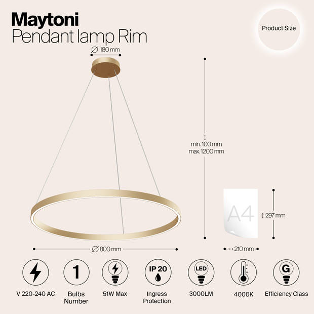 Maytoni - Hanglamp Rim - Messing - Ø80