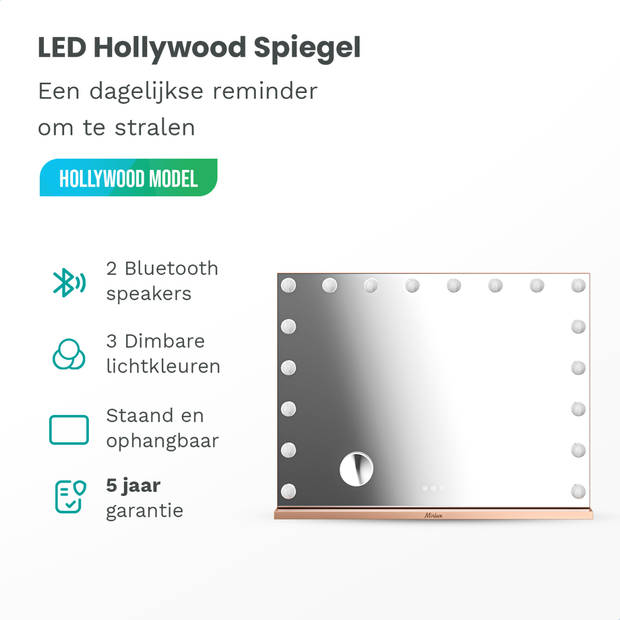 Mirlux Hollywood Make Up Spiegel LED Verlichting - Bluetooth Speakers - 10x Zoom - Ophangbaar - Rosé Goud - 80x60cm