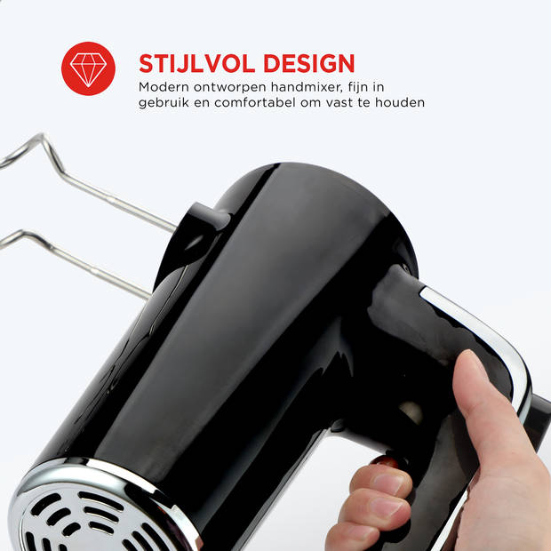 Bourgini Retro Handmixer - 5 snelheden en turbofunctie - RVS deeghaken en gardes - Zwart