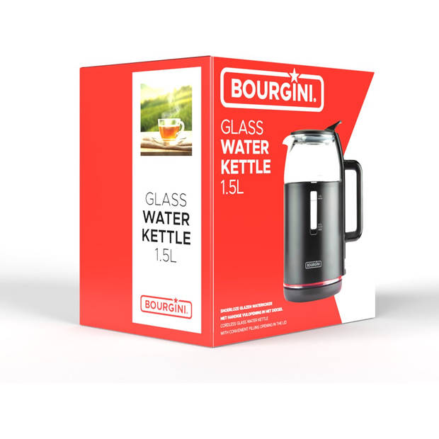 Bourgini Glazen Waterkoker - Mat Zwart - Snoerloos te gebruiken - ruime 1.5L inhoud - BPA vrij