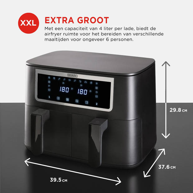 Bourgini Duo Heteluchtfriteuse 2 x 4.0L - Airfryer XXL - 2 laden - Touchscreen - 8L -2600W - Zwart