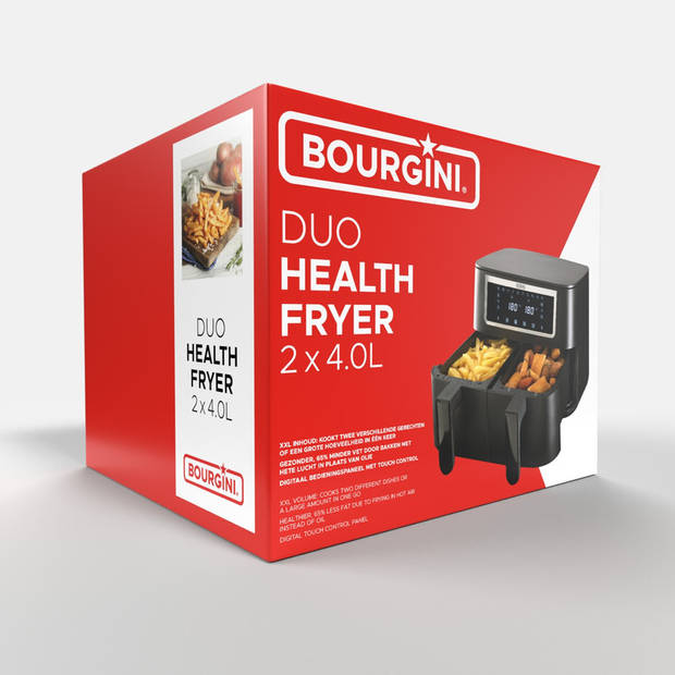 Bourgini Duo Heteluchtfriteuse 2 x 4.0L - Airfryer XXL - 2 laden - Touchscreen - 8L -2600W - Zwart