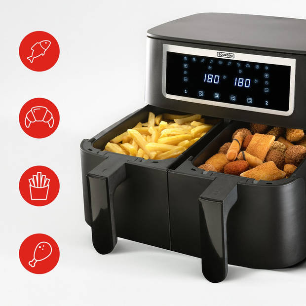 Bourgini Duo Heteluchtfriteuse 2 x 4.0L - Airfryer XXL - 2 laden - Touchscreen - 8L -2600W - Zwart