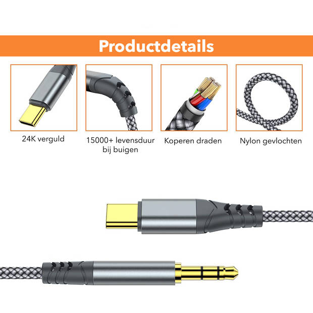 Gadgetplace USB C naar AUX Kabel 3.5mm - 1 Meter - Nylon Gevlochten - USB C naar Aux adapter - Audio kabel