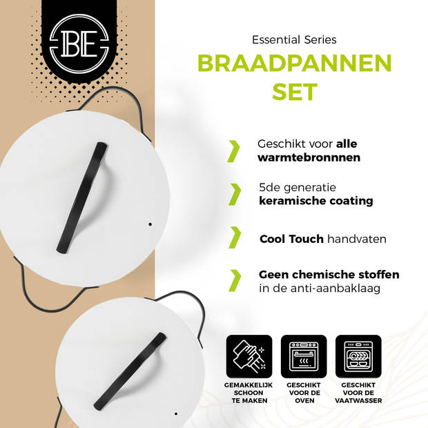 BE Living Braadpannenset Ø 24 & 28 cm - PFAS vrije Kookpan inductie - Geschikt voor alle warmtebronnen - Wit